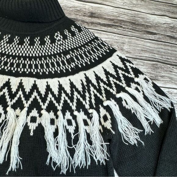 CATO Women Fair Isle Sweater Tassels Black White M Med Medium Raglan Long Sleeve - Picture 7 of 13